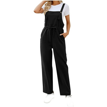 safuny Women s Jumpsuit Overalls Baggy Pocket Pants Romper Sleeveless Scoop Neck Button Relaxed Solid Color Trousers Casual Comfy Trendy Girls Teen Black XL