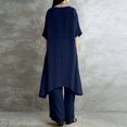 thumbnail image 4 of Stichou Women's 2 Piece Linen Set Solid Color Long Sleeve Irregular Hem Top and Wide Leg Swing Pants Trousers Suits Navy L, 4 of 5