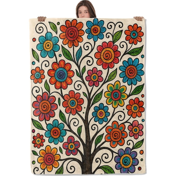Colorful Flower Tree Blanket, Comfy & Warm Flannel Folk Art Style Floral Tree Throw Blanket for Couch, Gifts for Women Girls, Soft Fuzzy Lightweight Travel Bed Blankets Boho Decor 50"×60"