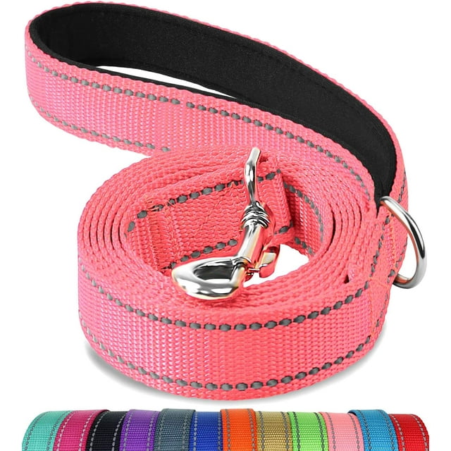 Correa reflectante de doble cara de alta resistencia para perros con asa acolchada, 1,5 m x 2 cm, rosa.