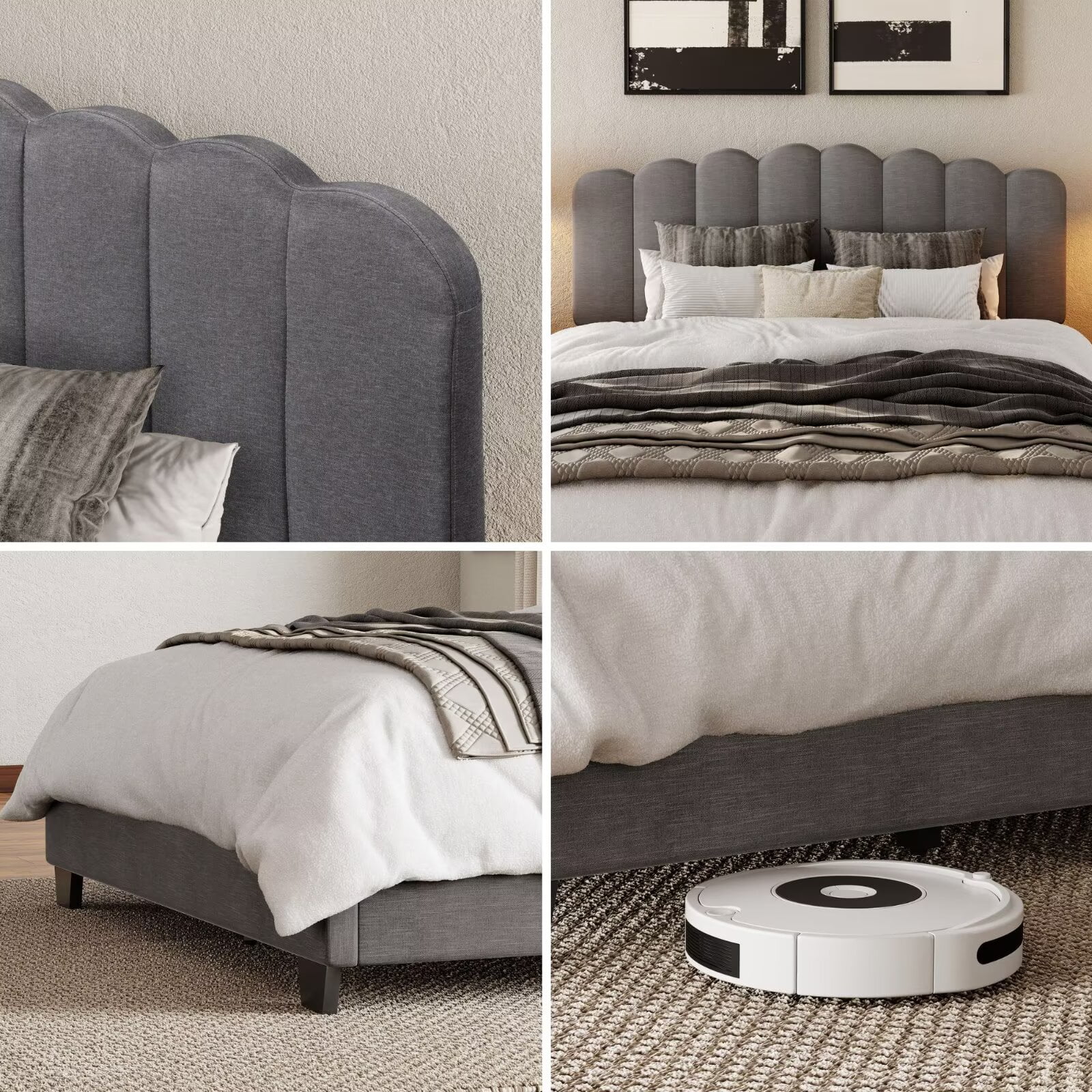 WAMPAT Upholstered Queen Bed Frame with Adjustable Headboard - Wooden Slats, No Box Spring Required, Easy Assembly, Grey
