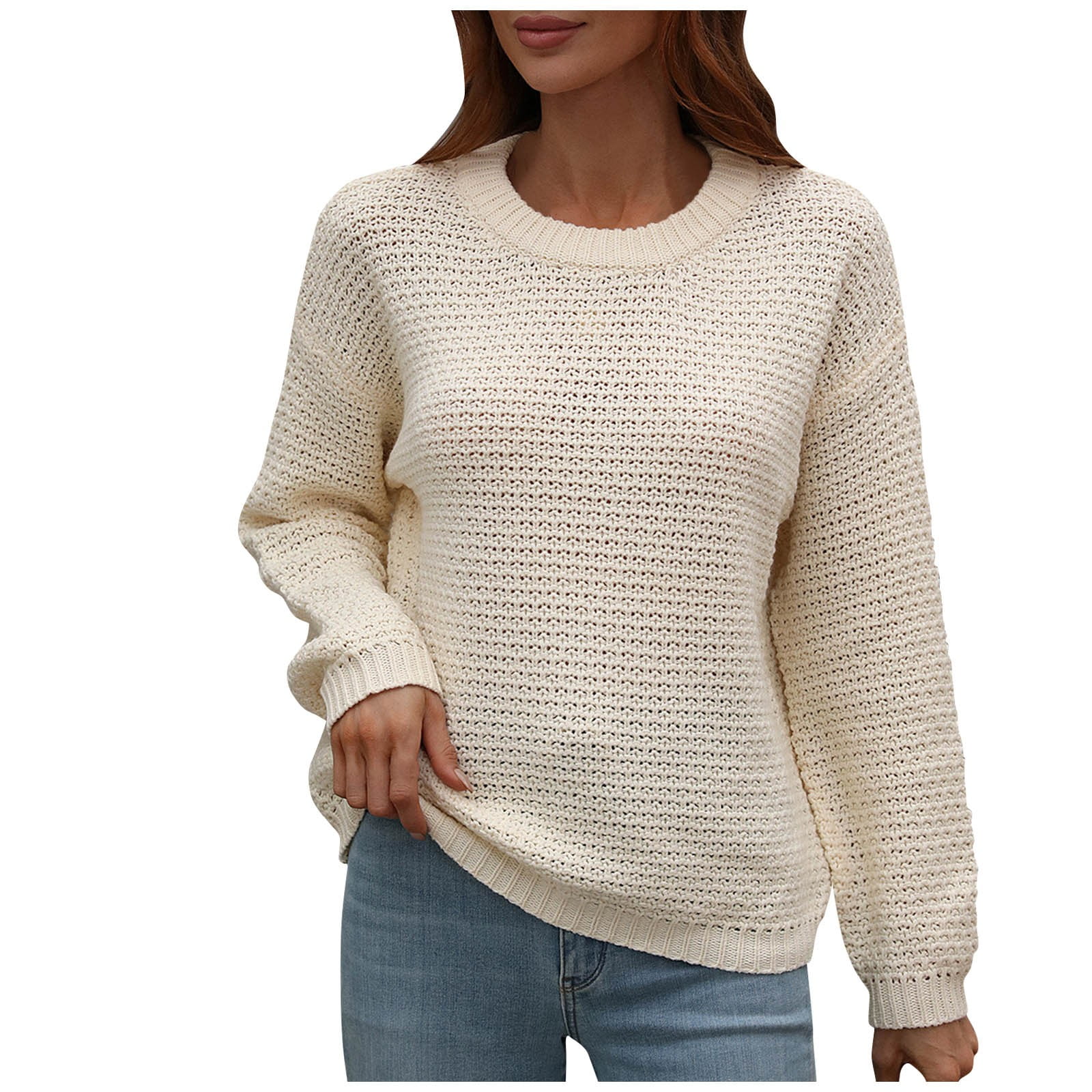 Sweaters For Women, Women's Sweater Lightweight Women Chunky Long Sweater  Women's Autumn And Winter Solid Round Neck Sleeve Knit Sweater Pullover