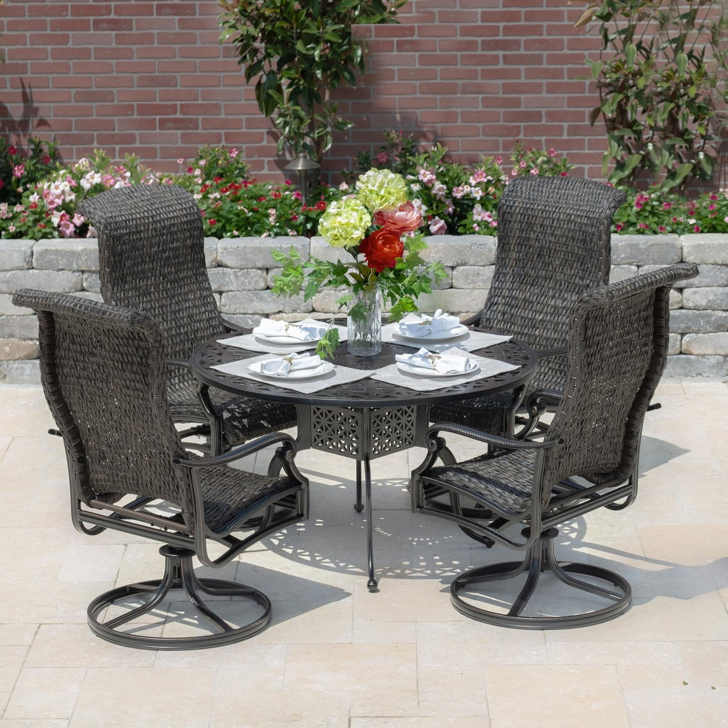 Du Monde 5 Piece Banana Leaf Wicker Patio Dining Set W/ 48 Inch Round