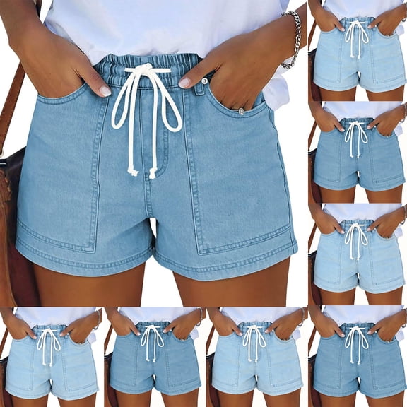 Jean Shorts for Women High Waisted Pull On Drawstring Waist Trendy Denim Jorts Summer Casual Jean Shorts with Pockets Summer Comfortable Going Out Sweatpants Fashion Short 2026 Blue L