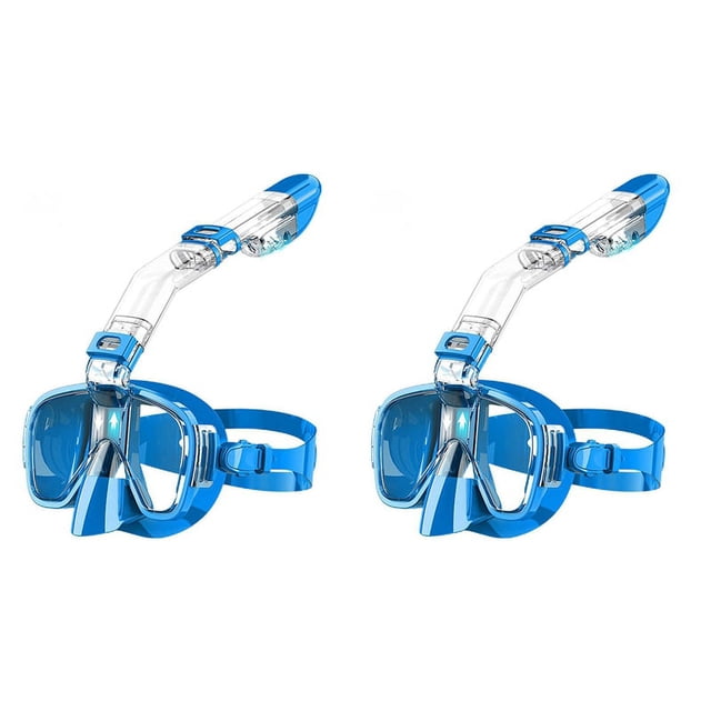 2X Snorkel Mask Foldable Diving Mask Set with Dry Top System and Camera Mount, Anti-Fog Snorkeling -Blue