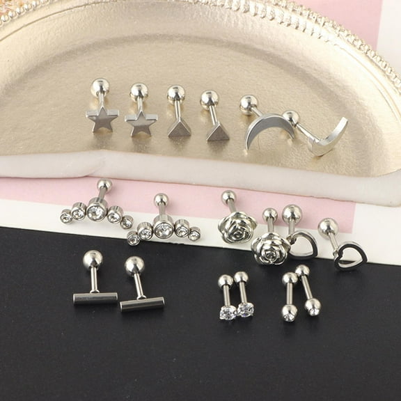 18x Stud Earrings Set Flat Back Small Star Hypoallergenic Heart Tiny
