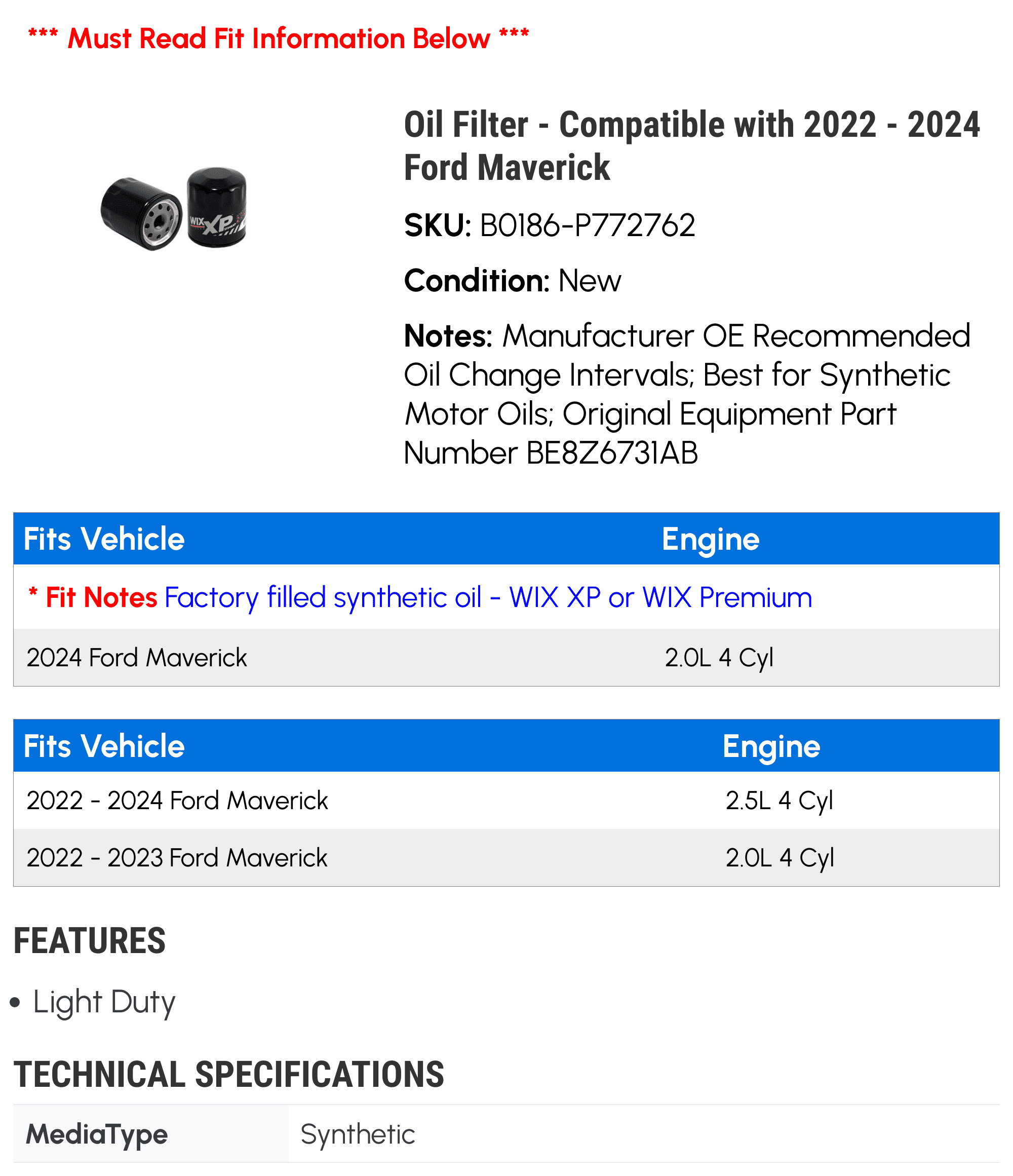 Oil Filter - Compatible with 2022 - 2024 Ford Maverick 2023