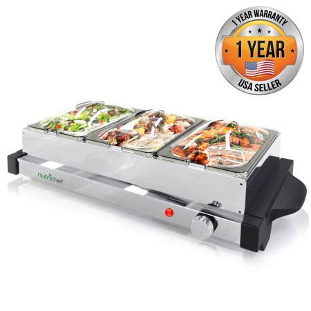 NutriChef PKBFWM24 - Electric Food Warming Tray - Buffet Server Hot Plate Food Warmer (3-Plate Tray Style)