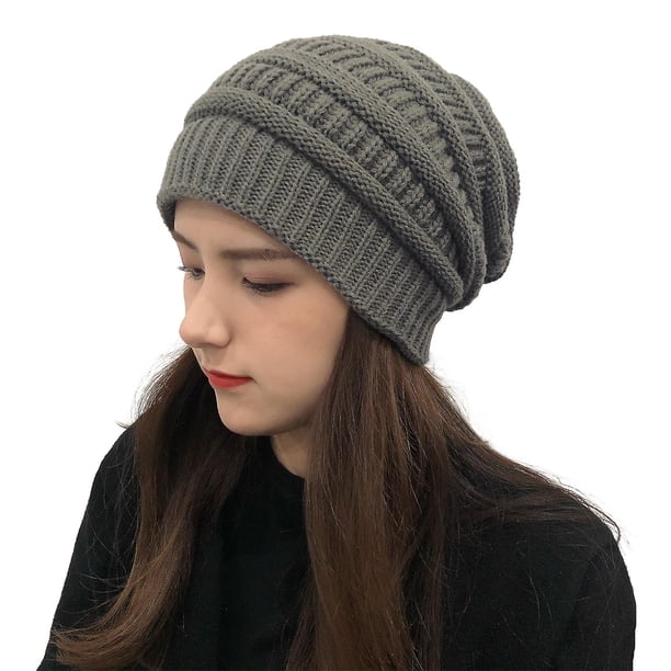 Gorros de punto de invierno para mujer, gorro grueso con forro de satén de seda, gorro holgado y cálido de punto trenzado suave y elástico