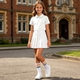 thumbnail image 4 of Girls Back To School 3 Pieces Outfit Set Solid Color Short Sleeve Shirt and Pleated Skirt and Striped Socks Kids Performance Casual Clothing Set Teen Kids Clothing 3-16 Years, 4 of 9