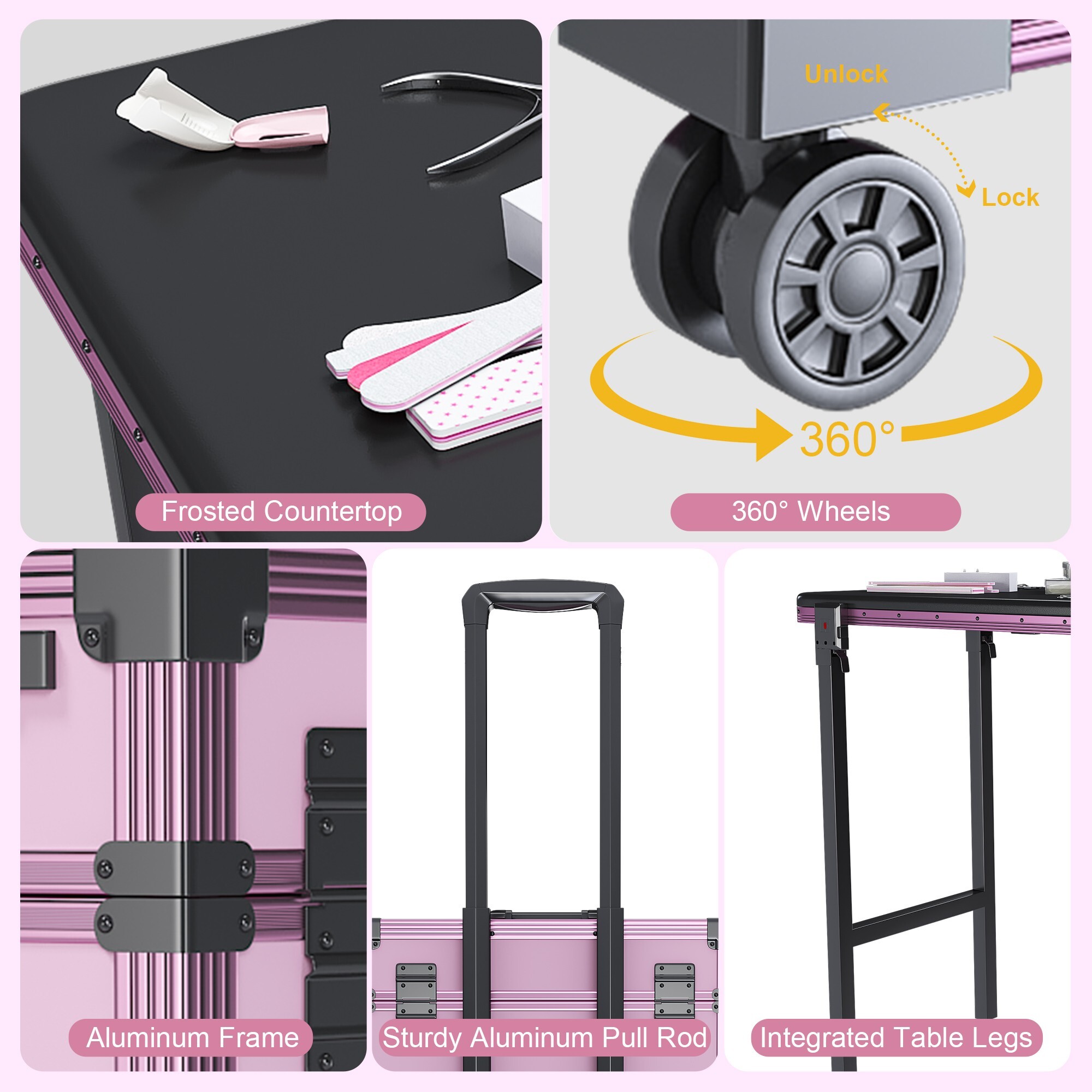 AENKYO All-in-One Portable Nail Table w/ LED Mirror, Bluetooth Speaker | Salon & Home Manicure Station, Black with Pink