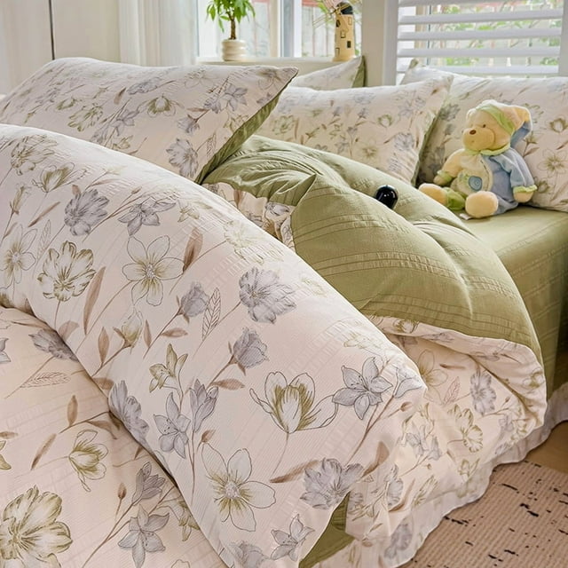 Flowers Bedding Set with Pillowcase bed sheet Single Full Size Bed Linen Washed Cotton Duvet Cover Set Queen/King Double Size