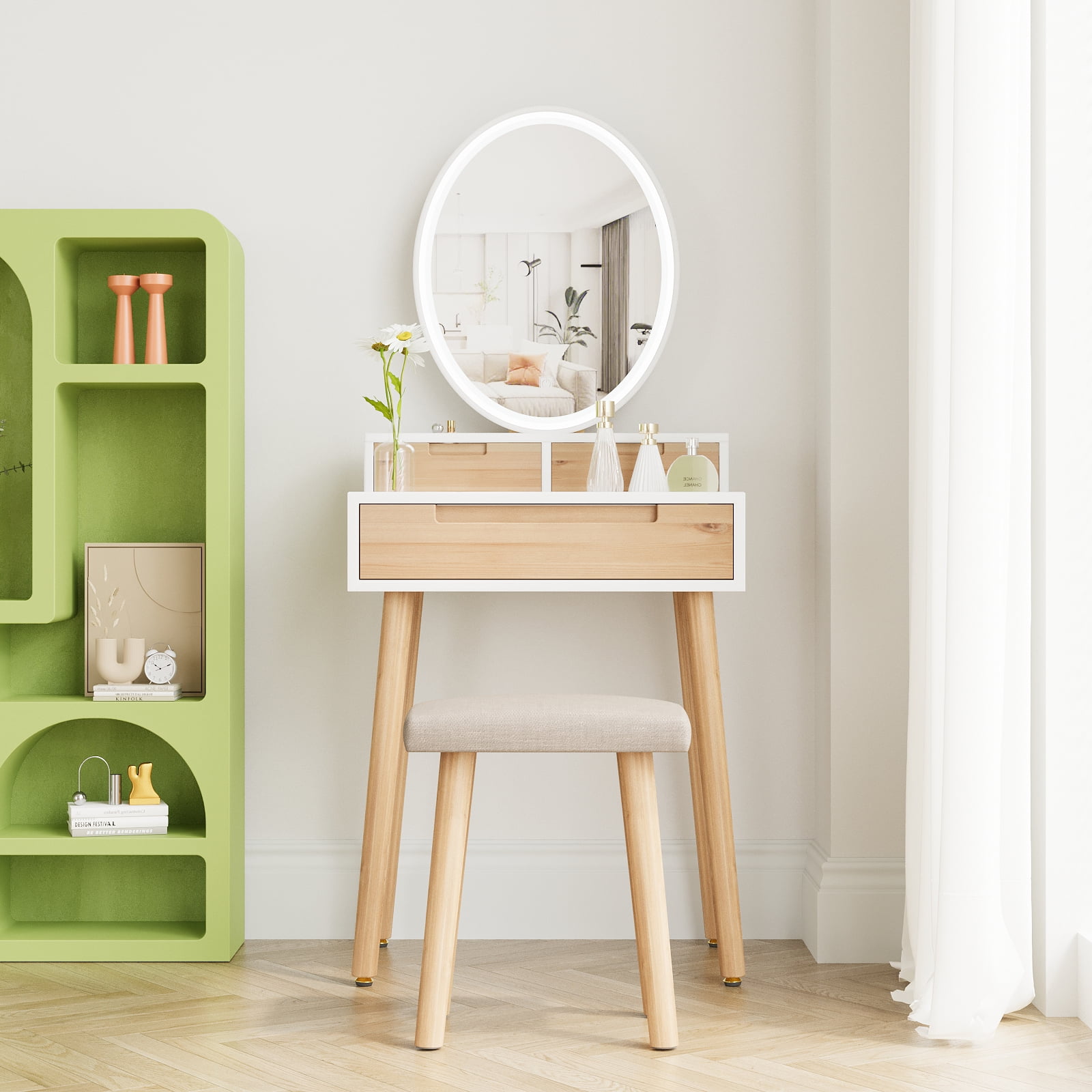 ELECWISH 24'' Small Makeup Vanity With Adjustable Brightness Mirror, Vanity Desk with Storage Drawers and Cushioned Stool