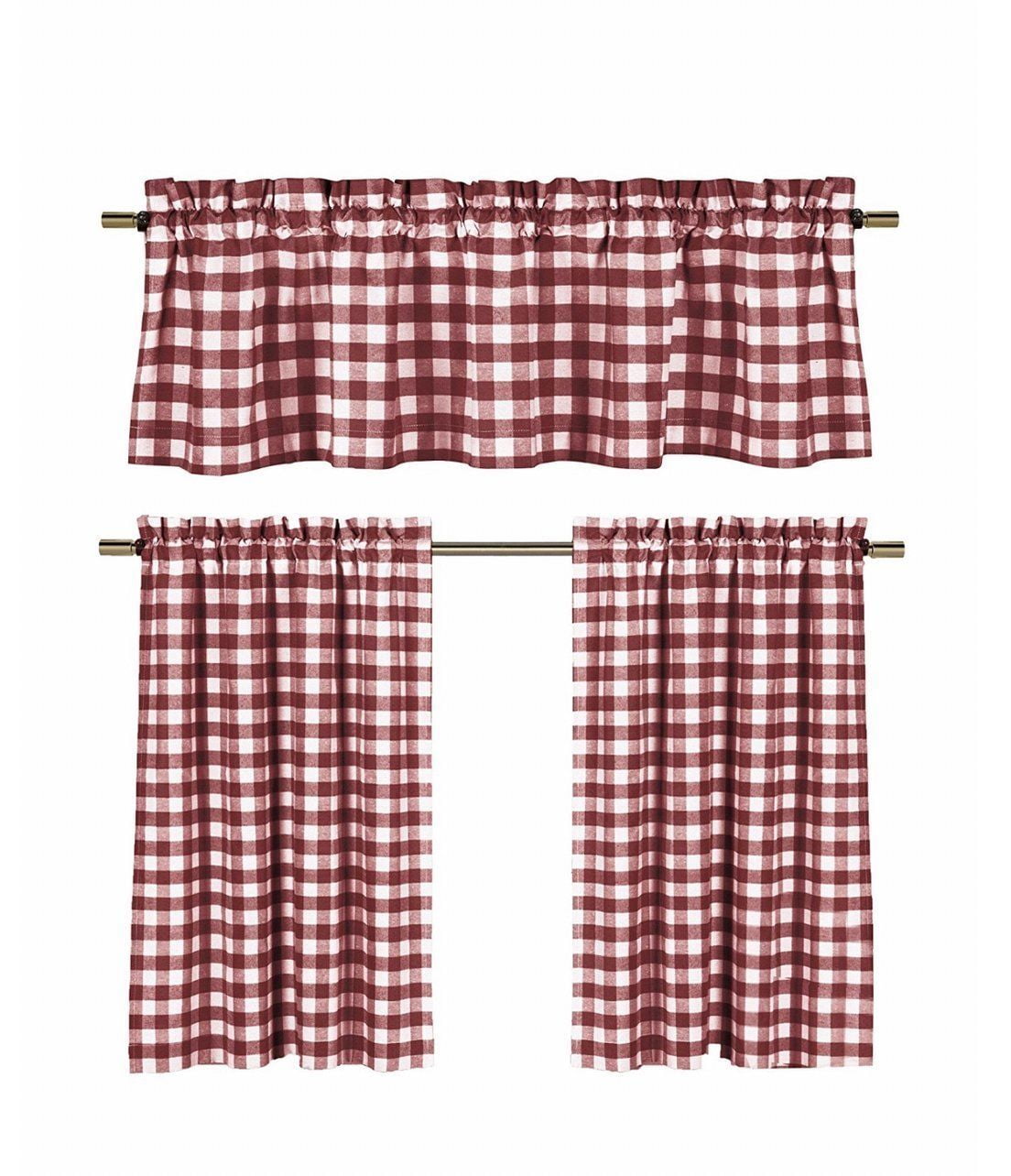 Wine Red & White Country Checkered Plaid Kitchen Tier Curtain Valance Set 