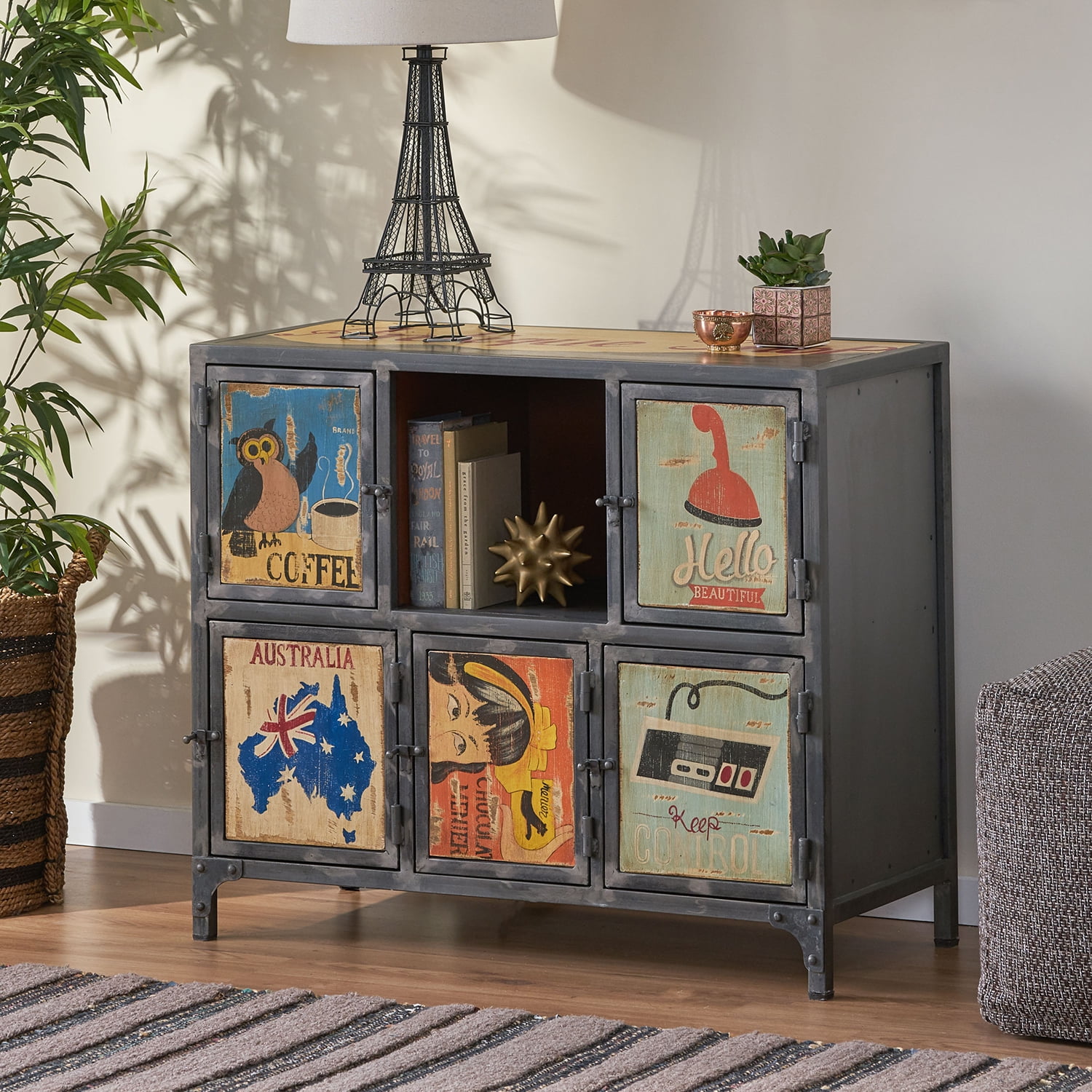 GVN Unique Wood & Metal Cabinet, Handcrafted Details, Nostalgic Ad Doors, 81.44 lbs GVN Unique Wood & Metal Cabinet, Handcrafted Details, Nostalgic Ad Doors, 81.44 lbs