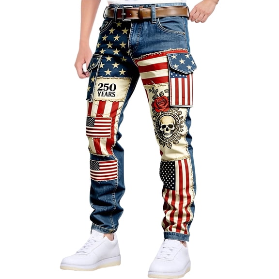 CONZONE American 250Th Anniversary Mens Cargo Pants Patriotic Usa Flag Graphic Wide Leg Cargo Pants for Men Lightweight Relaxed Fit 4Th Of July Trousers With Pockets