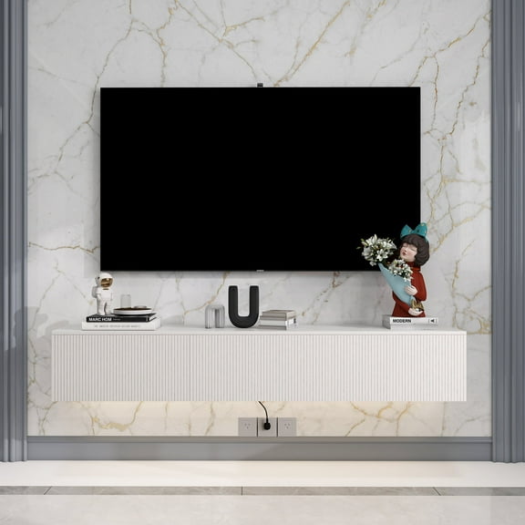 HIUU White Floating TV Stand Wall Mounted,Floating Entertainment Center with Fluted Doors,Mesa Flotante Para TV 69 inch,Media Console Table for Living Room,Bedroom