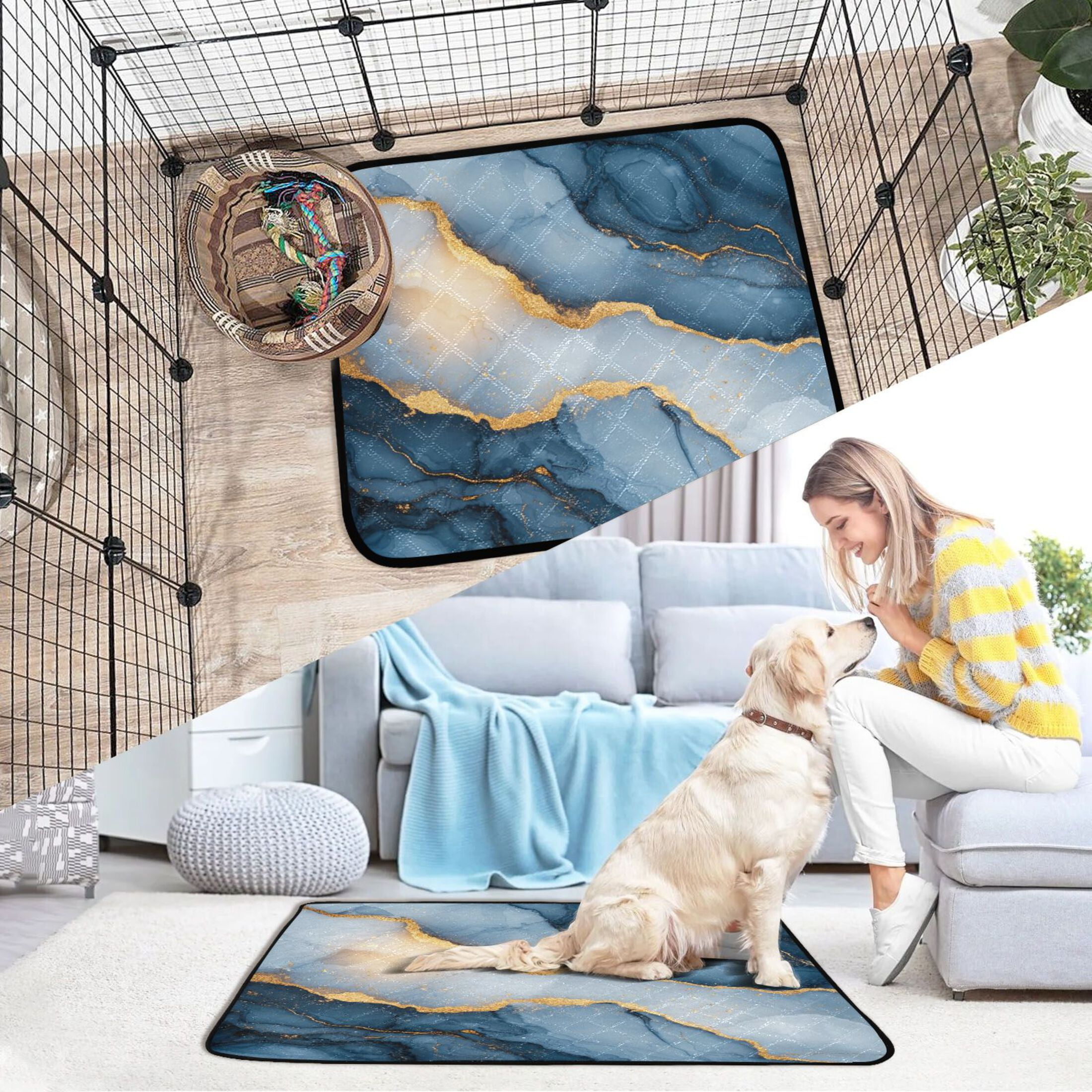 Qxltty Dark Blue Gilt Pattern Cat litter Pads Pet Set of 3 Diaper Mats Center Anti-leakage Layer Absorbent Soft and Comfortable