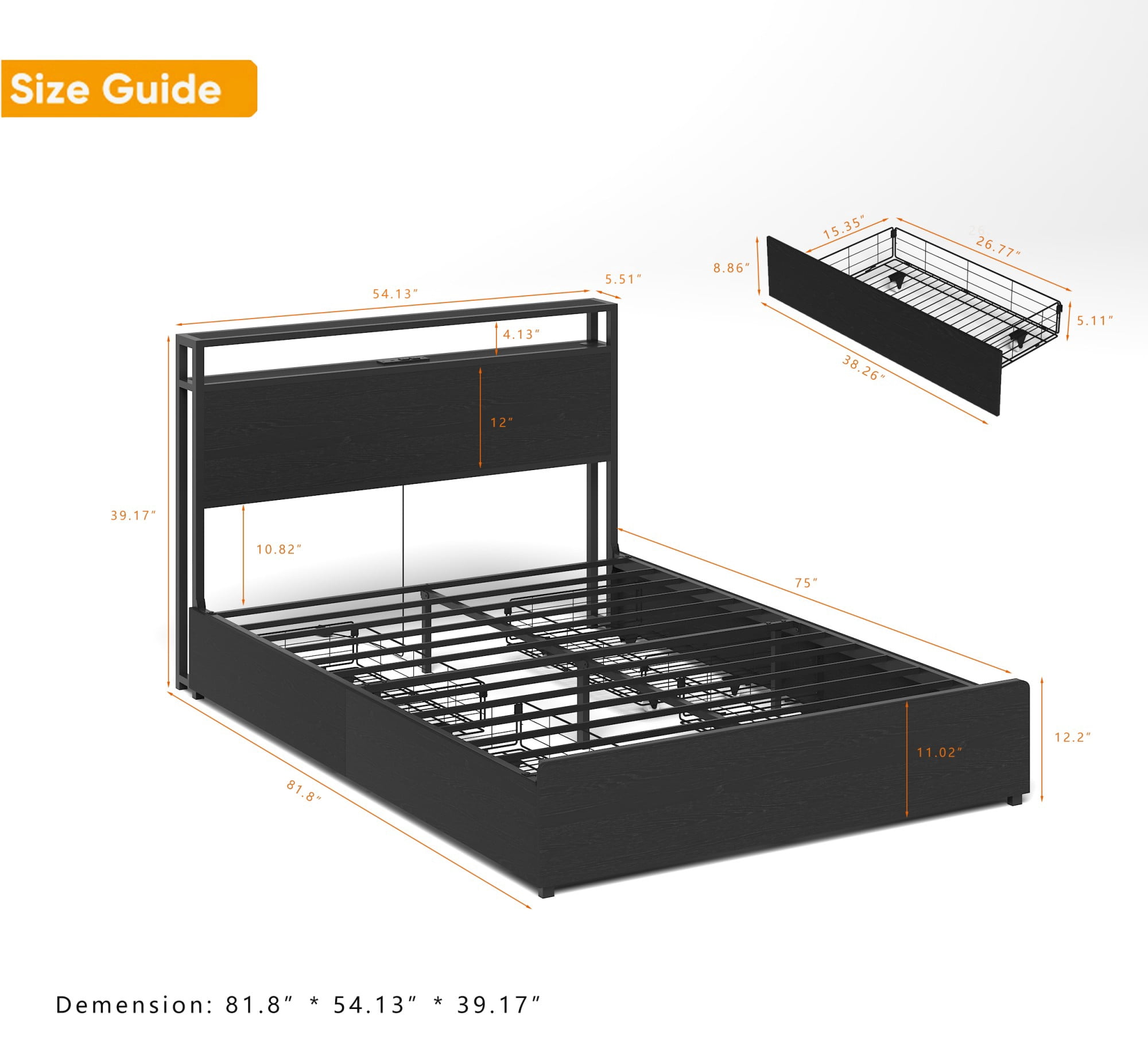 AENKYO Full Size Bed Frame with LED Lights, Storage Headboard & 4 Drawers, Built-in Charging Station, Antique Black