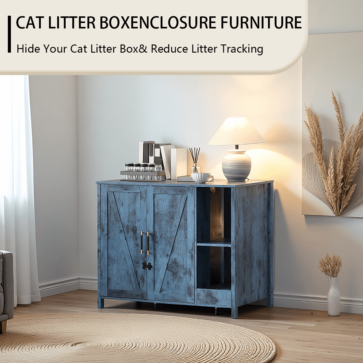 Litter Enclosure with Litter Collector, Litter Cabinet with Dog-Proof Adjustable Shelf, for Placing Cat Robot 3/4, Power Outlet (Blue)