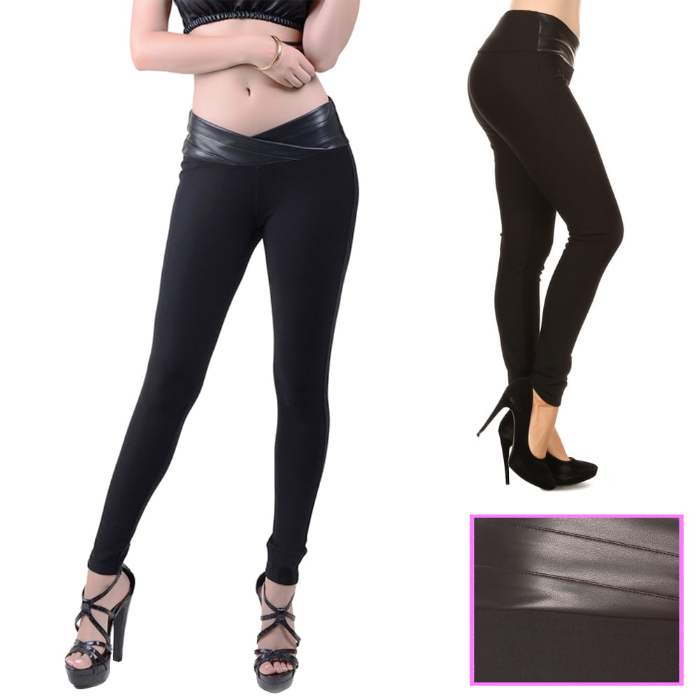 Women's Low Cut Leather Look Skinny Jeans Black Slim Trousers Size 6-14 HOT 