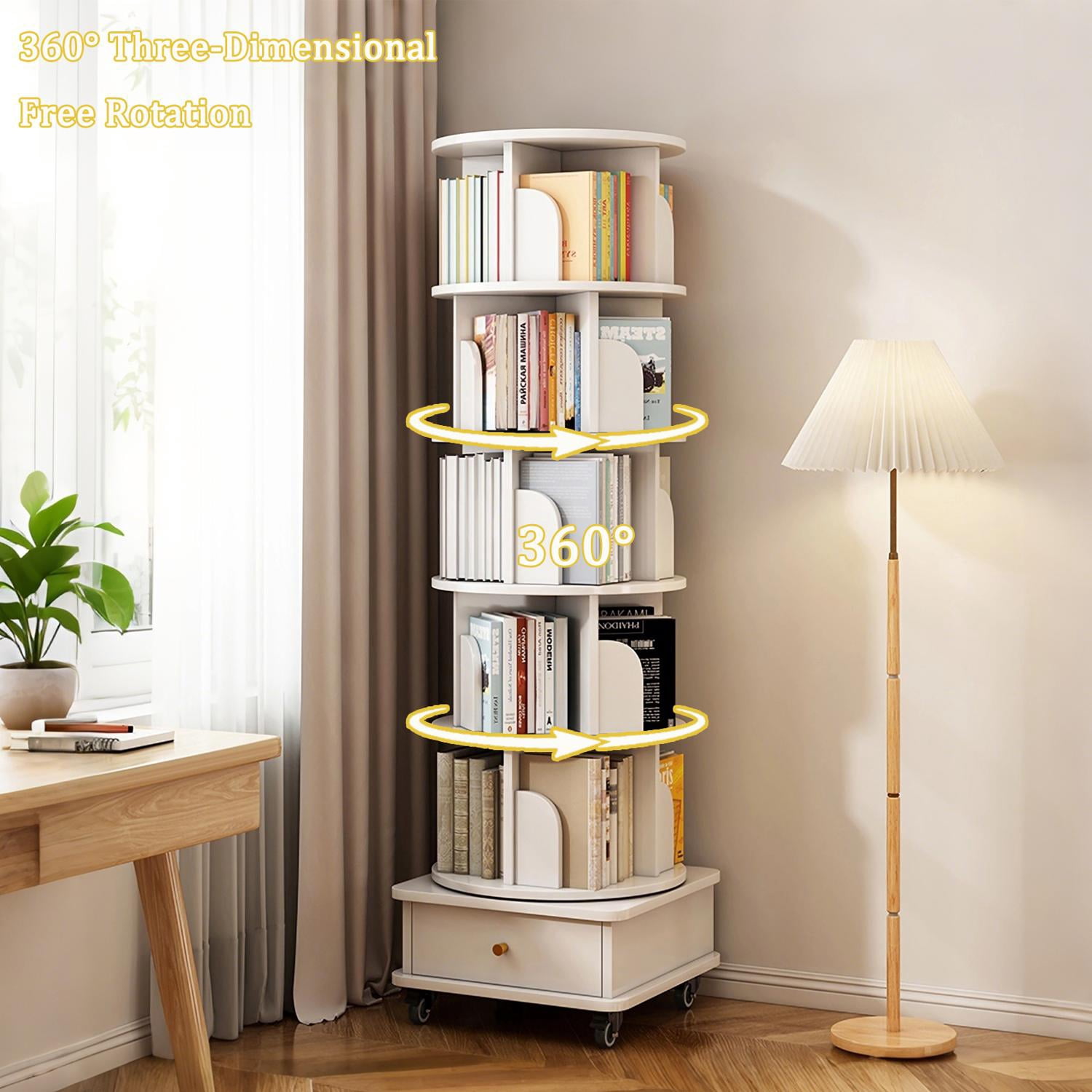 6 Tier Bookcase Storage, 360° Display Round Rotating Bookshelf with Wheels and Drawer forSmall Space, Bedroom, Living Room, Home, Office,White