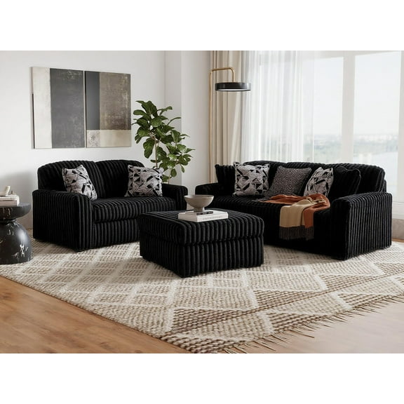 Roundhill Furniture Solenne 3-Piece Living Room Set, Oversized Sofa, Loveseat, and Ottoman with Jumbo Corduroy Upholstery, Reversible Cushions, Black