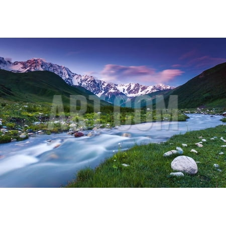 River in Mountain Valley at the Foot of  Mt. Shkhara. Upper Svaneti, Georgia, Europe. Caucasus Moun Print Wall Art By Leonid