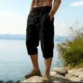 thumbnail image 2 of Men's Cotton Linen Capri Long Utility Stacked Cargo Shorts Below Knee 13 Inches Relaxed Fit Casual Elastic Waist Multi-Pocket Size 3XL Black, 2 of 5