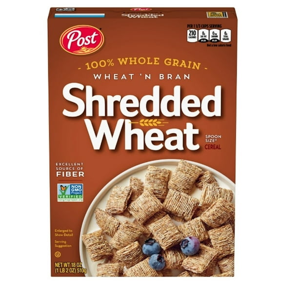 Post Wheat n Bran® Shredded Wheat, Breakfast Cereal, Excellent Source of Fiber, Kosher 18 Ounce – 1 count pack of 2