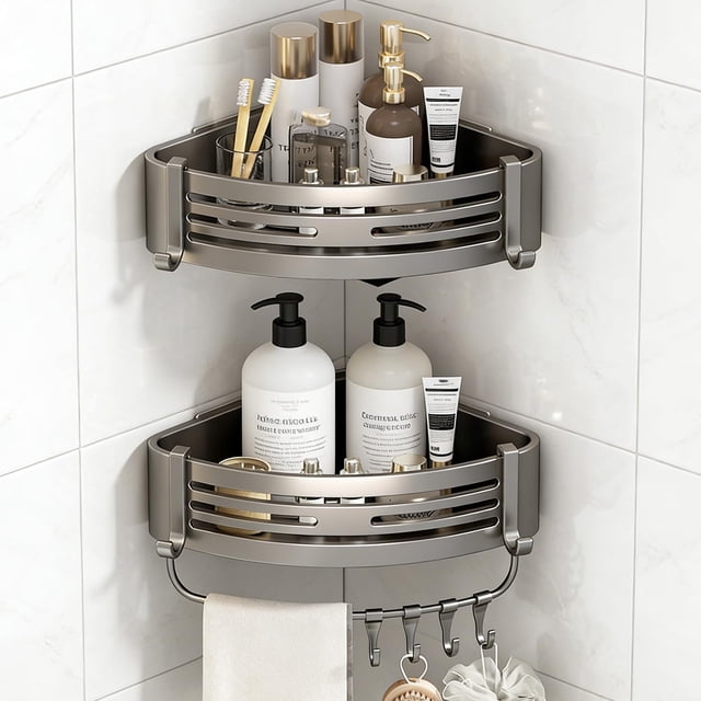 Estantes de Regadera con Adhesivos, 2 Estanterías de Esquina para Baño con 8 Ganchos, Estante Organizador Sin Taladro, Metal de Aluminio Porta Shampoo Antióxido para B