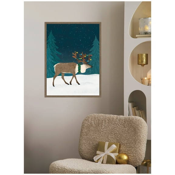 Kate and Laurel Framed Canvas Wall Art Print 'Christmas Caribou' by Tania Garcia, 18 x 24 Sylvie Walnut Frame, Whimsical, Holiday Art for Wall Decor