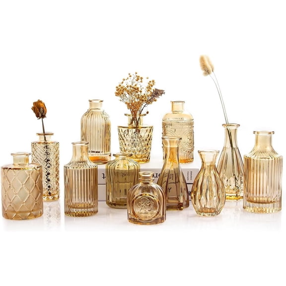 TBWIND Gold Amber Glass Bud Vases Set of 12, Small Vases for Flowers, Champagne Mini Vintage Vases for Centerpieces, Bud Vase in Bulk for Wedding Decor, Single Flowers, Office and Home Decor