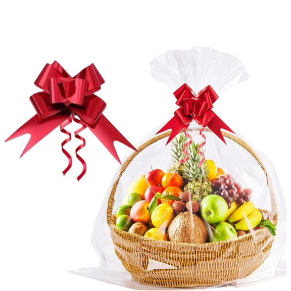 Triani 16Pcs Large Cellophane Wrap for Gift Baskets 20x24inches Clear Basket Bag with Red Pull Bows for Gift Giving Packaging Products Halloween Christmas
