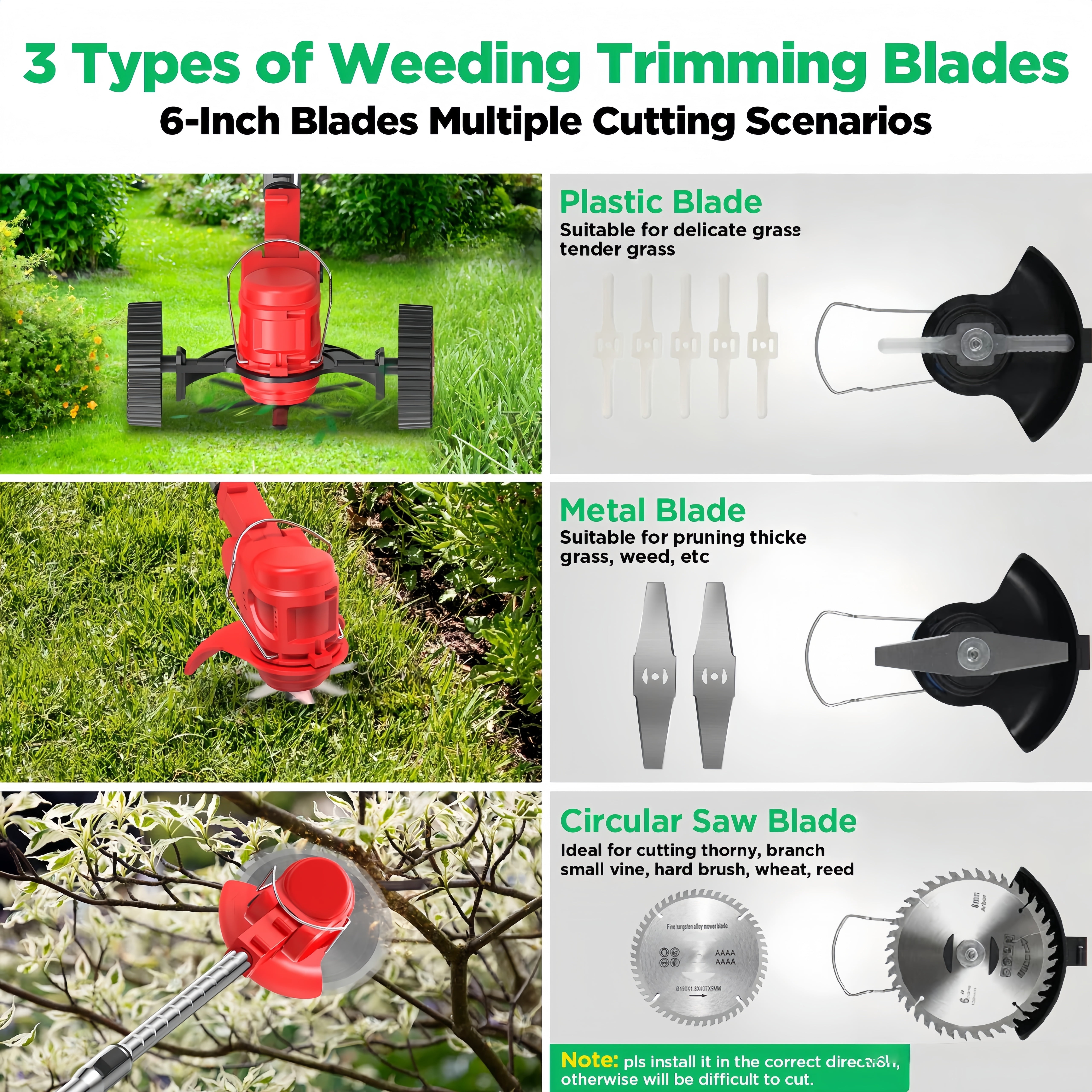 Electric Weed Wacker, Cordless String Trimmer with Wheels, 2Pcs 24V Batteries, 3 Types of Blades, Adjustable Length, Weed Eater Grass Trimmer/Edger/Brush Cutter for Lawn Yard Garden (Red)