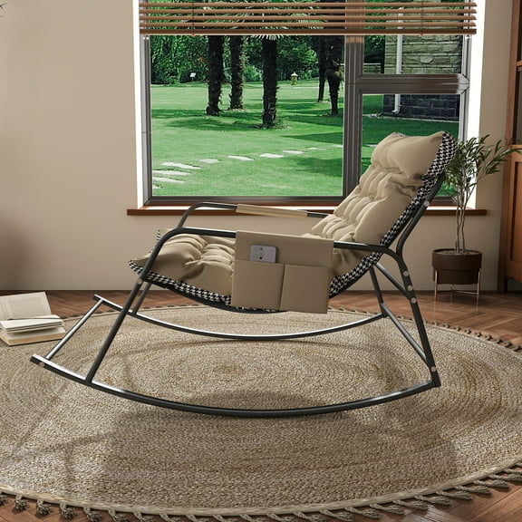 Rocking Chair with Storage, All-Weather Lounge Chair with Breathable Mesh, Ergonomic Recliner with Cushions & Armrests for Patio, Garden, Living Room, Bedroom, Off White