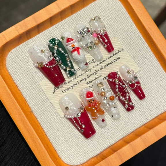 Christmas Press On Nails for Women Medium Coffin Snowman Red White christmas snowy white nails Glitter Designs Long Lasting