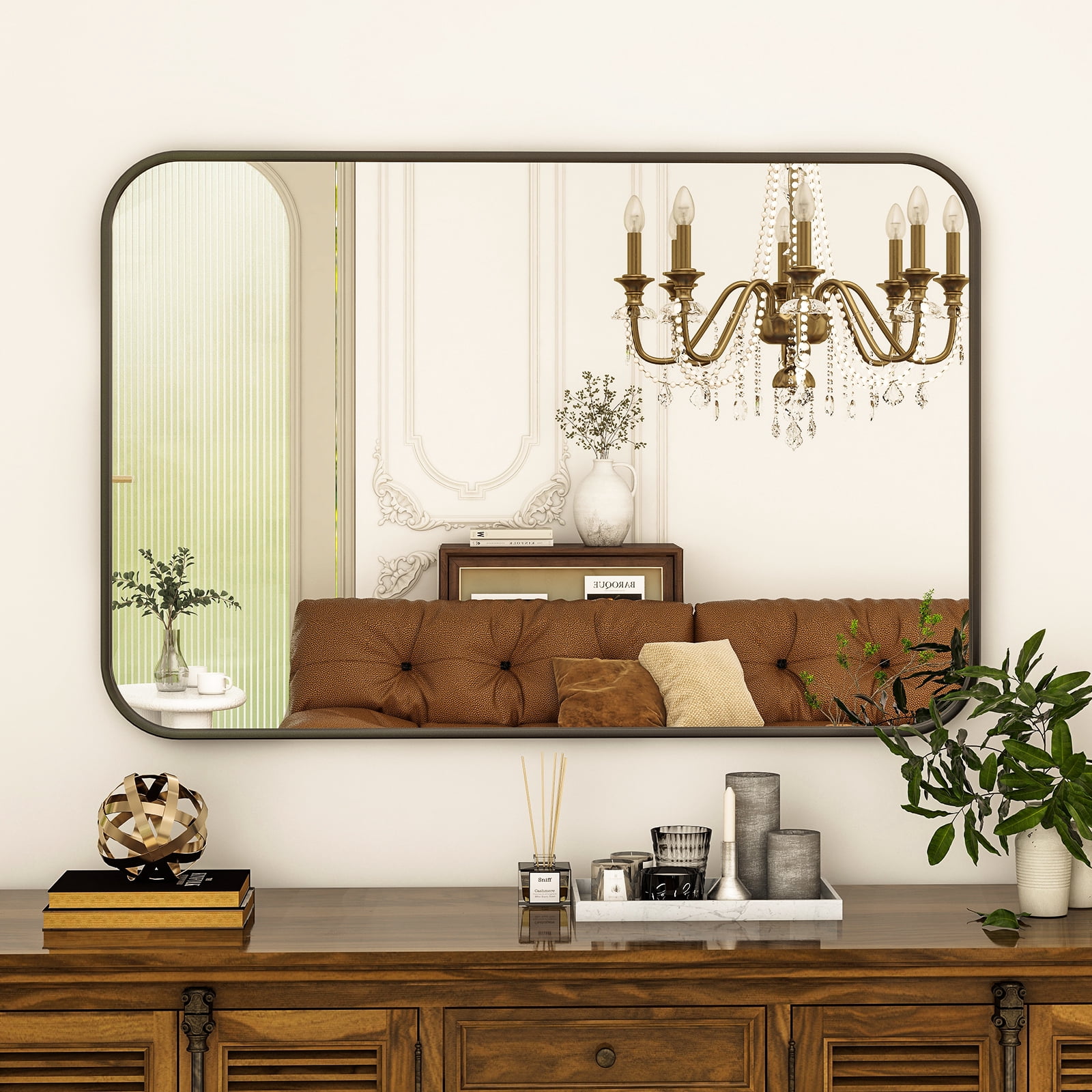 Lumora 48"x36" Rectangular Bathroom Mirror with Round Edge Wall Mounted Wall Mirror, Black