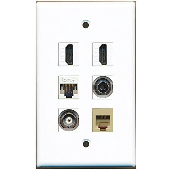 RiteAV - 2 HDMI 1 Port Phone RJ11 RJ12 Beige 1 Port 3.5mm 1 Port BNC 1 Port Cat5e Ethernet White Wall Plate