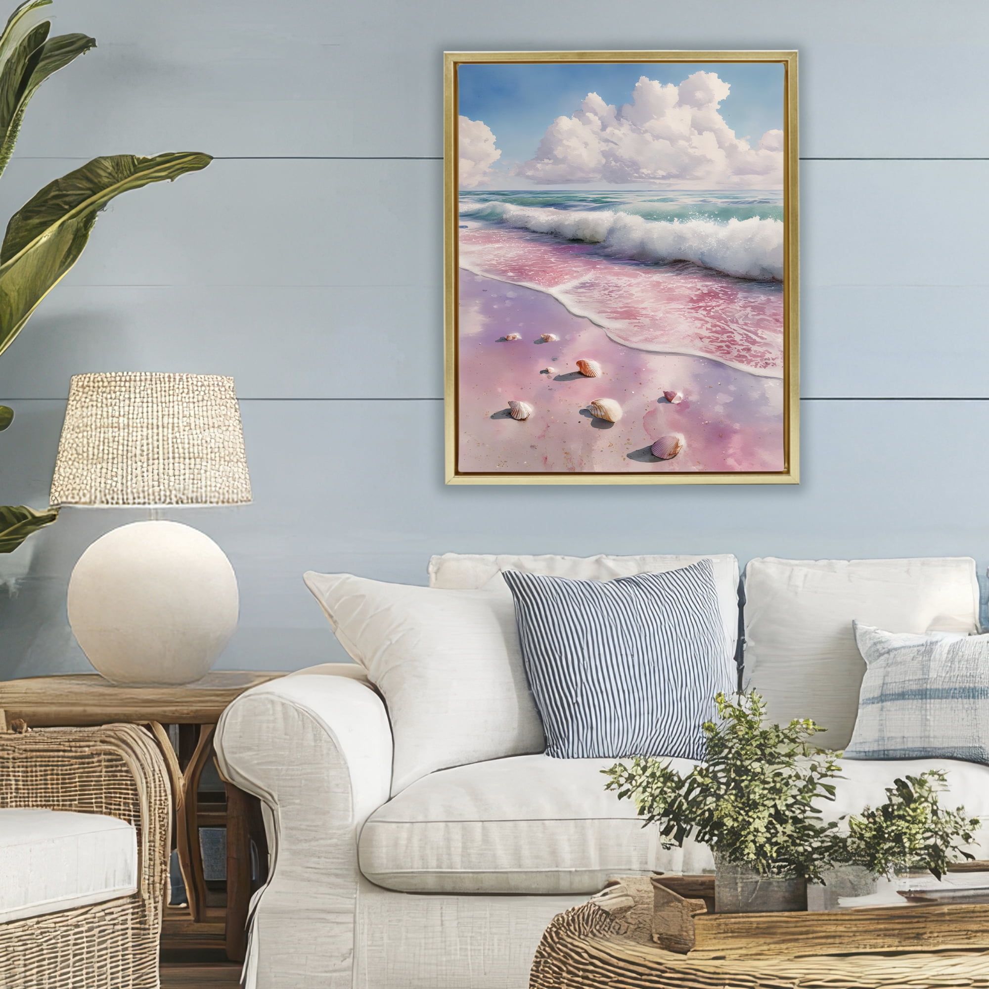 Stupell Industries Pink Sands with Scattered Shells Gold Framed Floater Canvas Wall Art, design by Franklyn Gregory