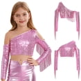 thumbnail image 3 of vastwit Girls Sequin Irregular Crop Top Tassels Off Shoulder Long Sleeve Dance Shirts for Performance Pink 16, 3 of 6