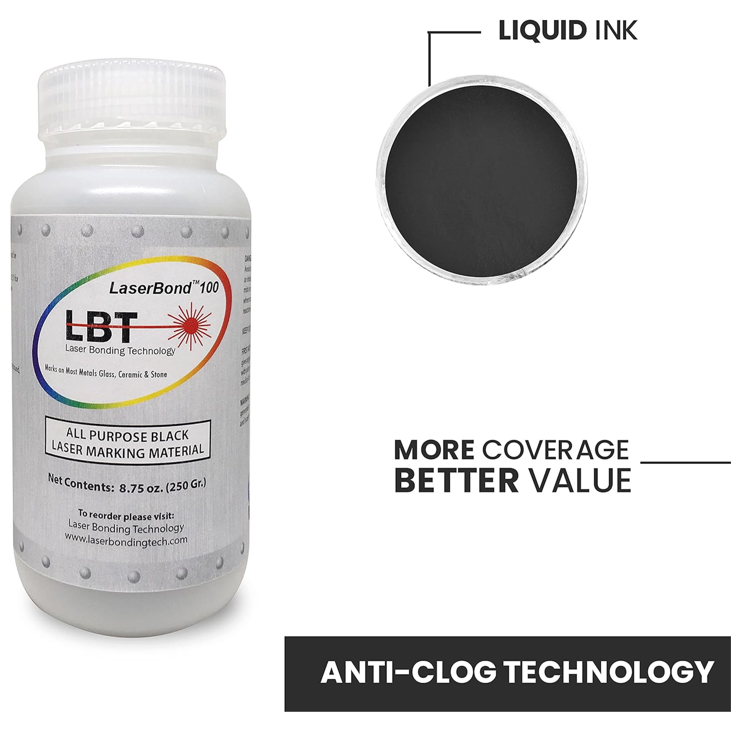 LaserBond 100 Black Laser Marking Ink 250g, Compatible with CO2 Fiber Diode and YAG Laser Engravers, Permanent Marks on Metal Glass Stone and Ceramic