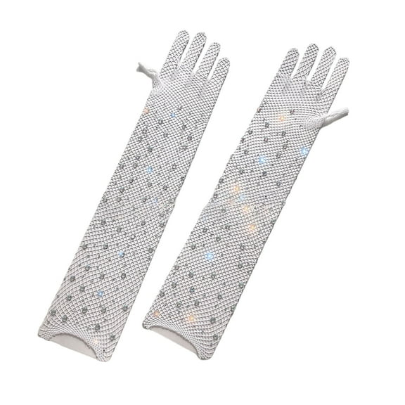 1 Pair Long Rhinestones Gloves Mesh Full Finger Arm Sleeves Breathable Gloves for Wedding Parties