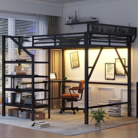 Queen Size Loft Bed with Foldable Desk, Stairs and Upper Storage Shlef, Heavy Duty Metal Lofts Bed with Charging Station & LED Lights, Space-Saving Full Loft Beds for Teens, Adults, Black