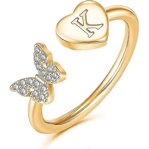 Anillos iniciales apilables para mujeres y niñas, anillos iniciales con letras mayúsculas de mariposa chapados en oro rosa para mujeres, adolescentes y niñas, anillos con letras apilables para