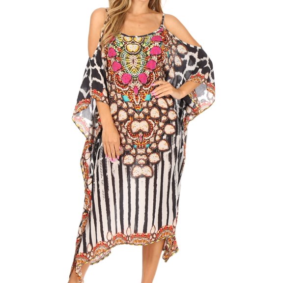 Sakkas Amaya Loose Fit Long Printed Strappy Cutout Shoulder Boat Neck Kaftan Dress - JFW16-White - One Size