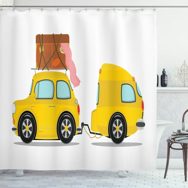 Happy Camper Shower Curtain Retro Car With Trailer Cartoon Outdoor Activity Theme Vacation Ilration Fabric Bathroom Set Hooks 69w X 70l Inches Multicolor By Ambesonne Com Happy Camper Shower Curtain Retro Car, Car Shower Curtain Hooks