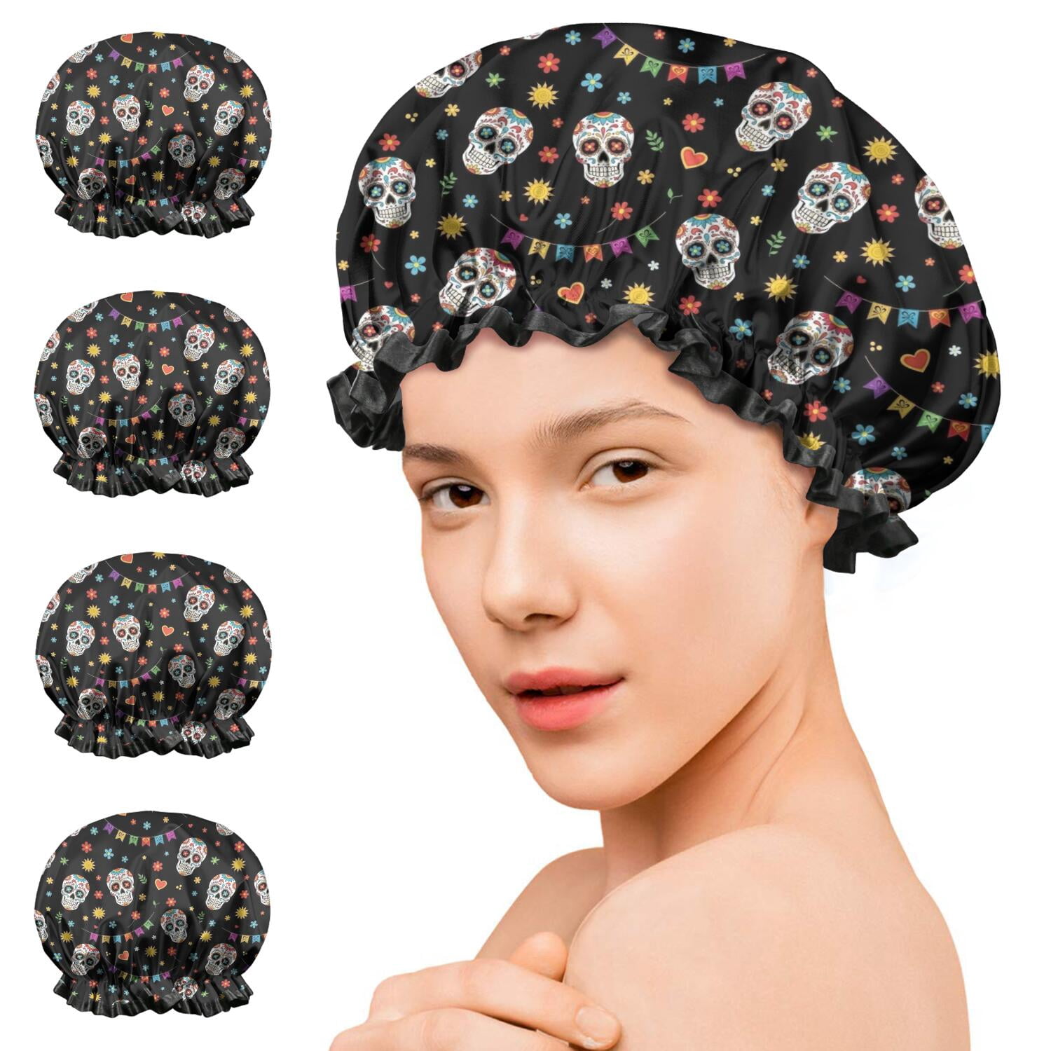 Shower Caps,Black Festive Skull Pattern Waterproof Shower Cap for Women 4 Pieces,Double Reusable Hair Cover for Shower PEVA Elastic Stretch Hem