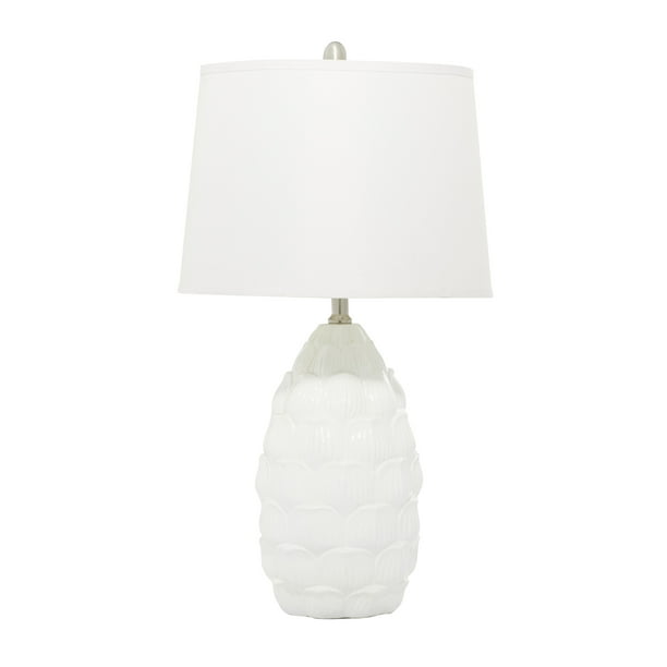 Decmode White Polystone Rustic Table, Aiden Distressed White Wash Cottage Farmhouse Table Lamp