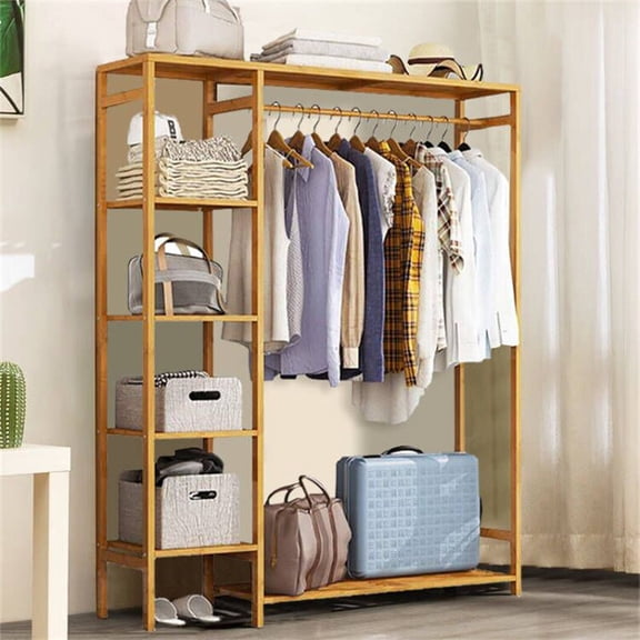 GHooa Wooden Clothes Garment Hanging Stand Shoe Rack Display Storage Shelf w/ Curtain